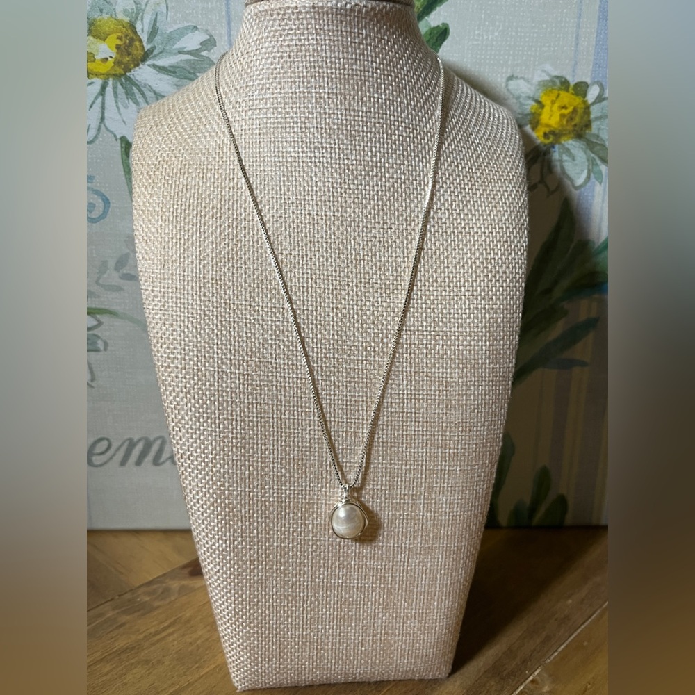 Genuine Pearl Silver wire wrapped pendant handmade 925 Sterling Silver Chain 16”